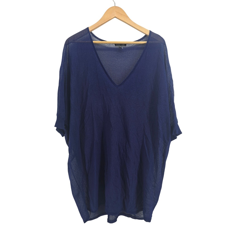 Eileen Fisher Sweater Womens L V-Neck Blue Sheer Mesh Italian Yarn EUC